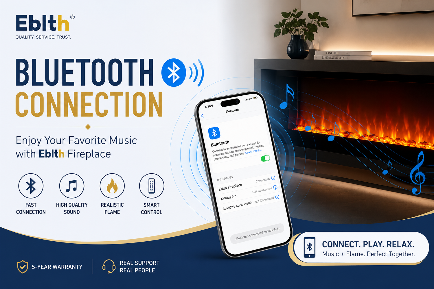 Eblth electric fireplace with Bluetooth connection and built-in speaker