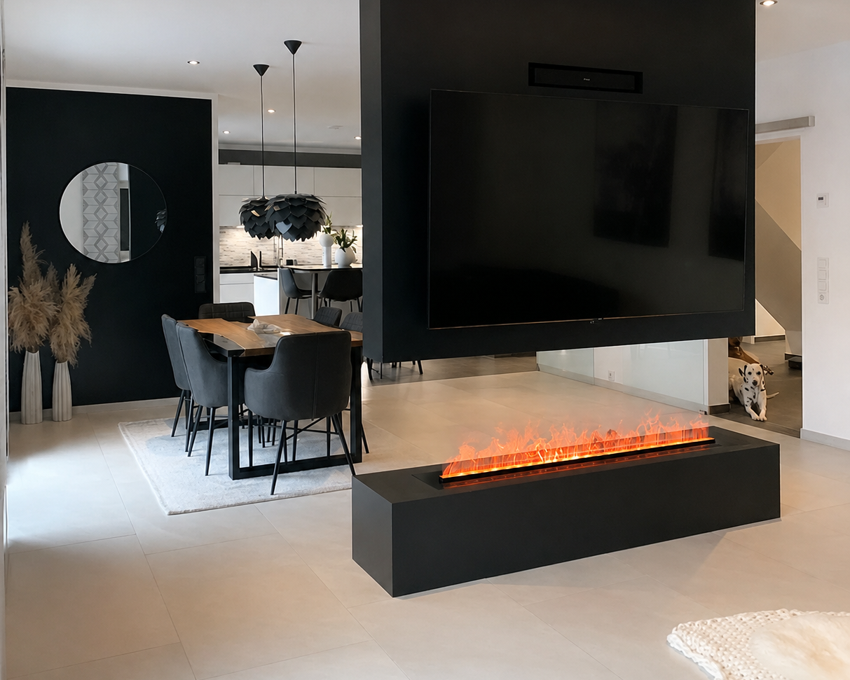 155cm water vapor fireplace installed in a floating TV partition with an open-plan living and dining area in a modern Saudi Arabian home.