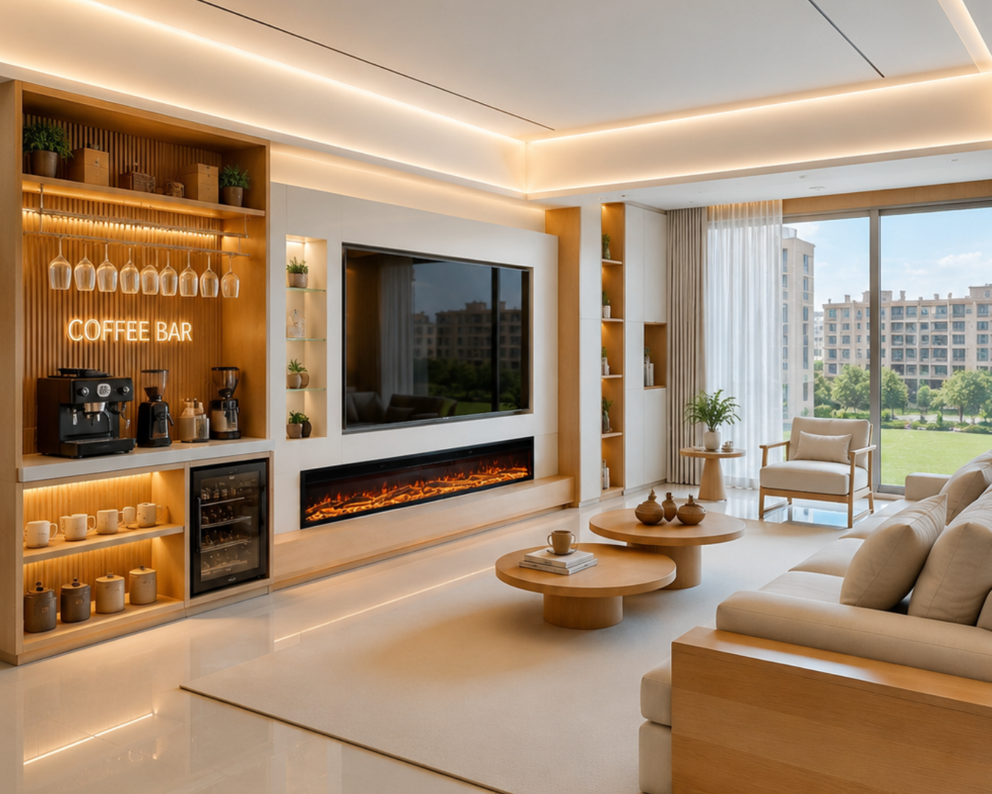 200cm electric fireplace installed below a modern TV wall with a built-in coffee bar and custom wooden shelving in a luxury Saudi Arabian living room.