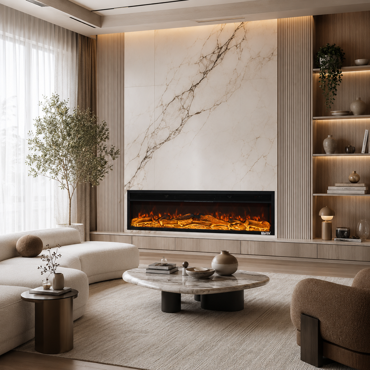 A modern living room featuring a sleek black electric fireplace with glowing orange logs, set against a large white marble-look wall panel with vertical wood slats and built-in shelving.