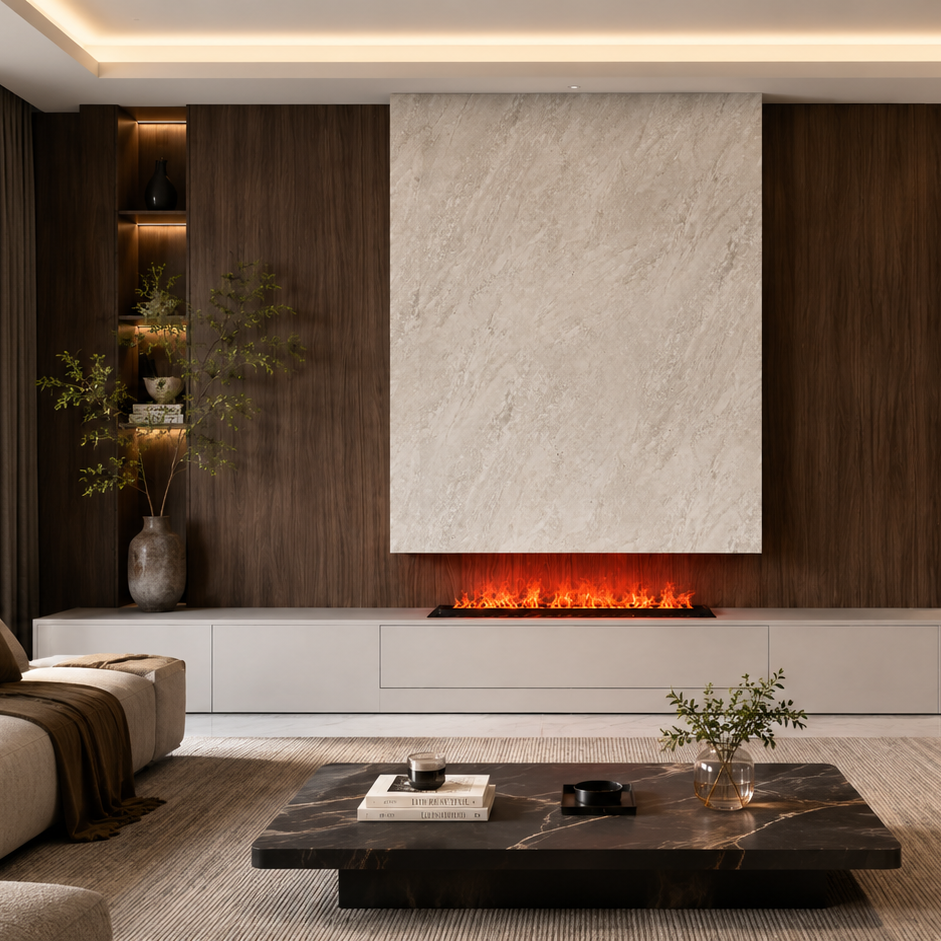 A modern living room featuring a large white stone fireplace wall with an integrated linear electric fireplace, flanked by dark wood shelving. The room is styled with a beige sectional sofa, a dark marble coffee table, a round accent chair, and a light rug.