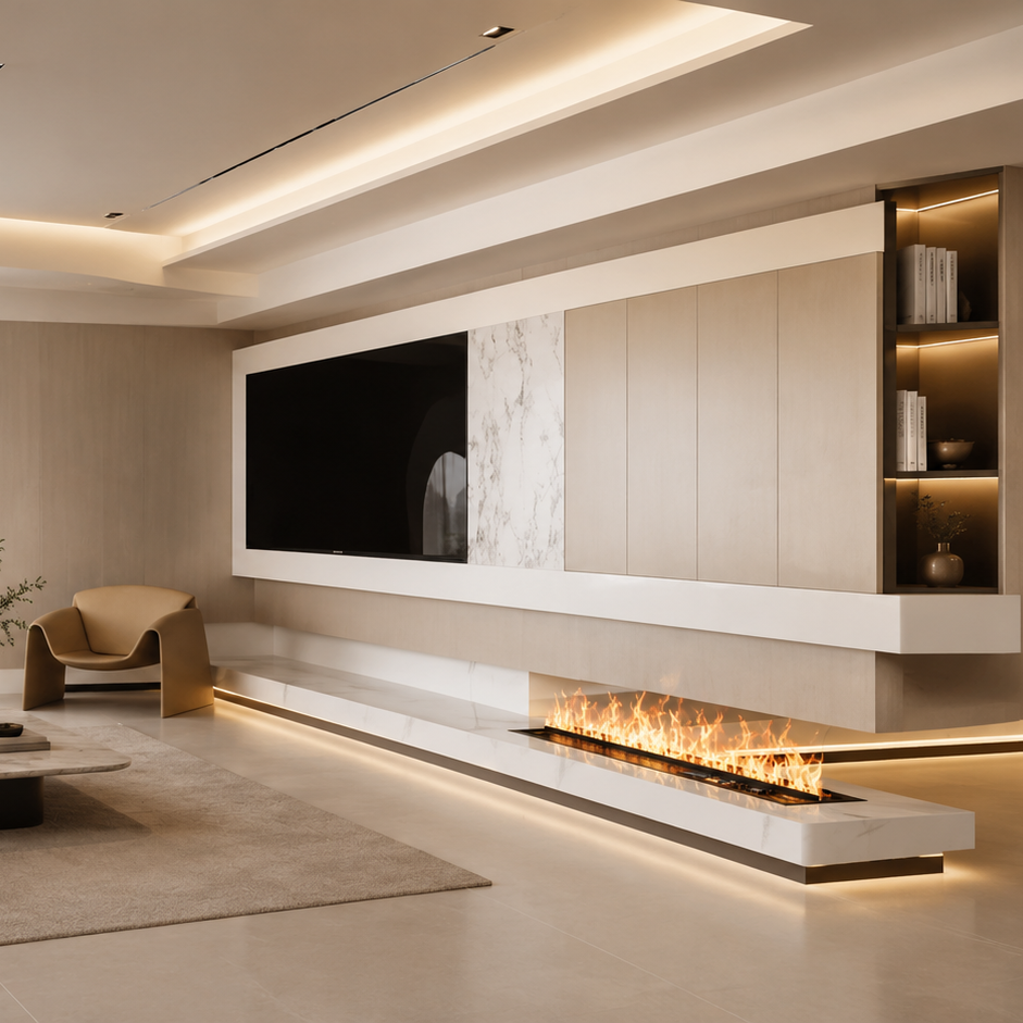 A modern living room interior with a beige sectional sofa, low coffee table, large wall-mounted TV, and a long linear fireplace with warm lighting. The room has cream walls, built-in shelving, and a large window with sheer curtains.