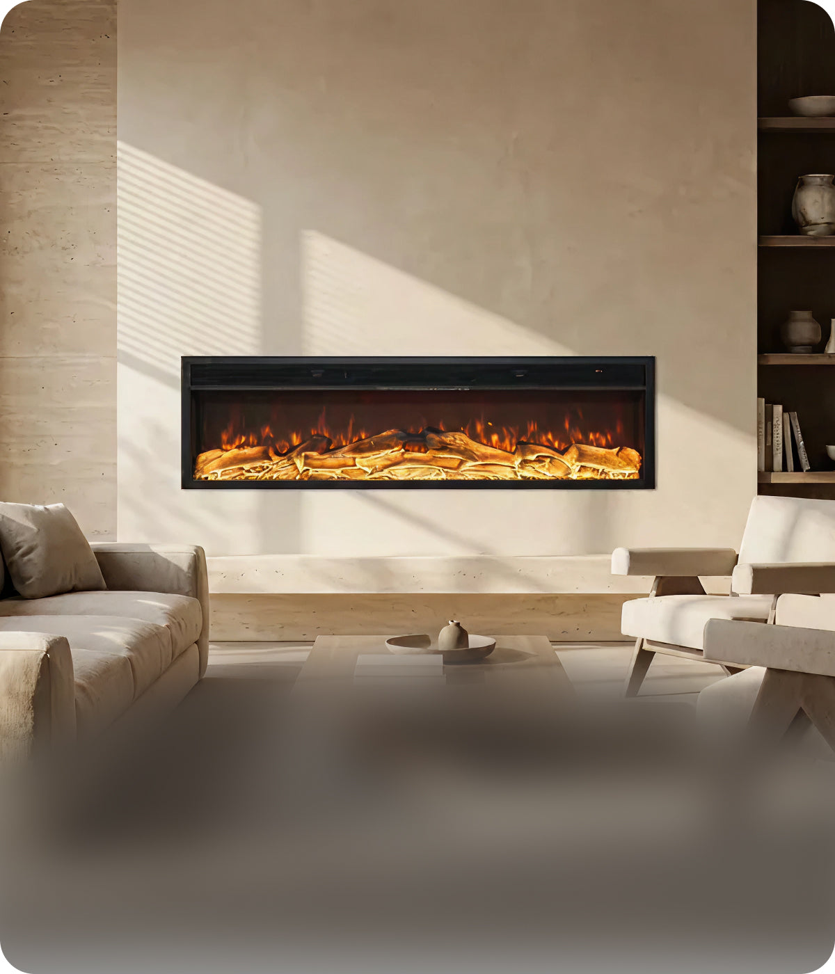 Luxury living room featuring an Eblth built-in linear electric fireplace with realistic log flame effect, modern wall installation, and contemporary interior design.