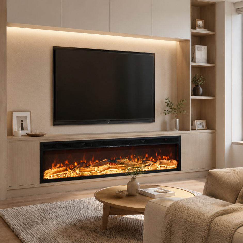 A modern living room featuring a sleek wall-mounted black electric fireplace with glowing orange flames, integrated into a light wood and beige cabinetry entertainment center with a TV above it.