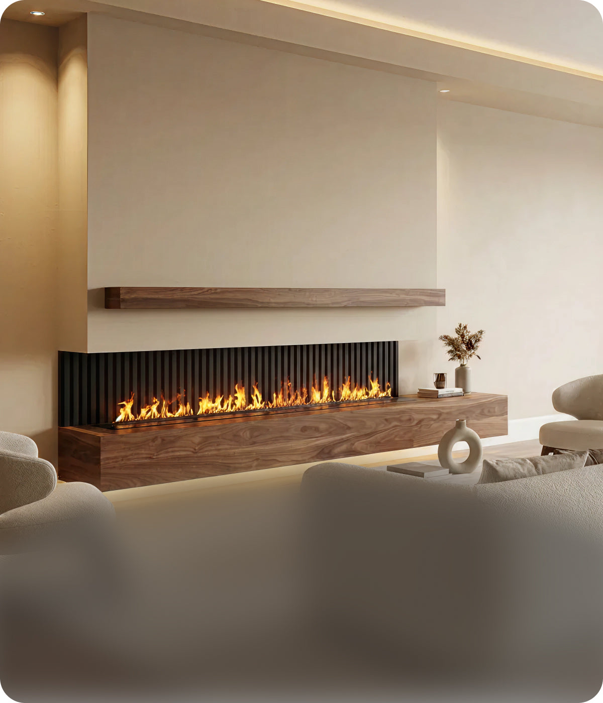 Modern living room featuring a built-in linear water vapor fireplace with realistic 3D flame effect, minimalist wood mantel, and contemporary luxury interior design.