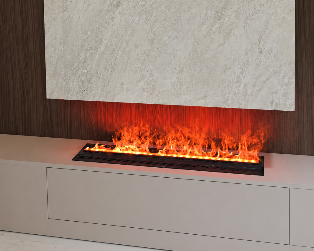 105cm water vapor fireplace installed below a light stone TV wall with dark wood panels in a modern Saudi Arabian living room.