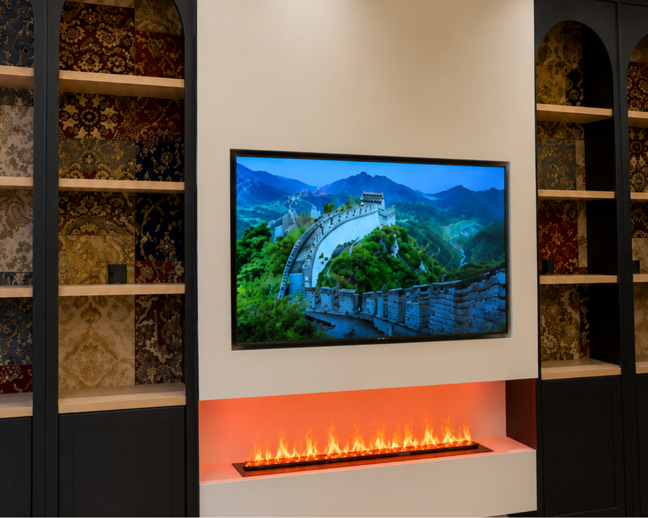 130cm water vapor fireplace installed below a minimalist white TV wall with built-in display shelves in a modern luxury Saudi Arabian living room.