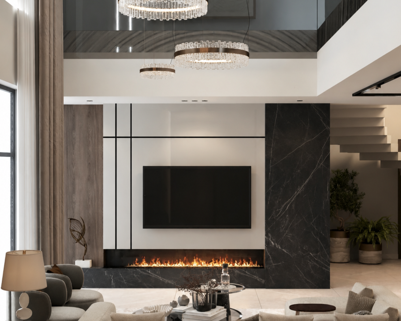 200cm water vapor fireplace installed below a black marble TV wall in a double-height modern Saudi Arabian living room with contemporary interior design.