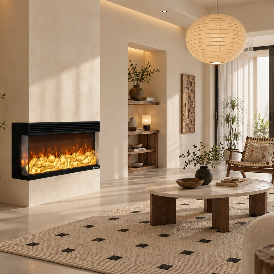 A modern living room interior with a black-framed linear fireplace mounted on a cream wall, styled with a low wooden coffee table, patterned rug, cream sofa, pendant light, and large glass doors overlooking a garden courtyard.