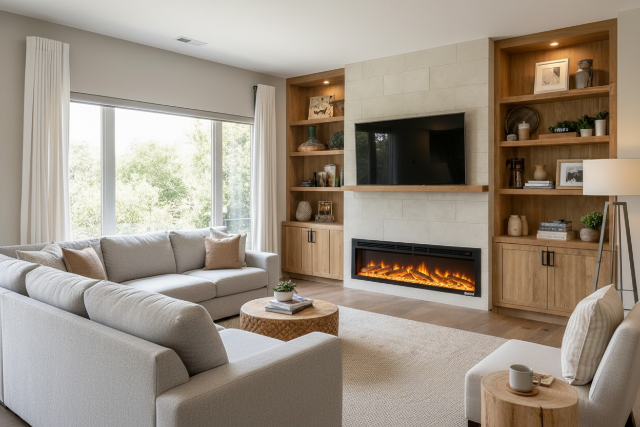 90cm electric fireplace installed below a light stone TV wall with built-in wood shelving in a modern luxury Saudi Arabian living room.