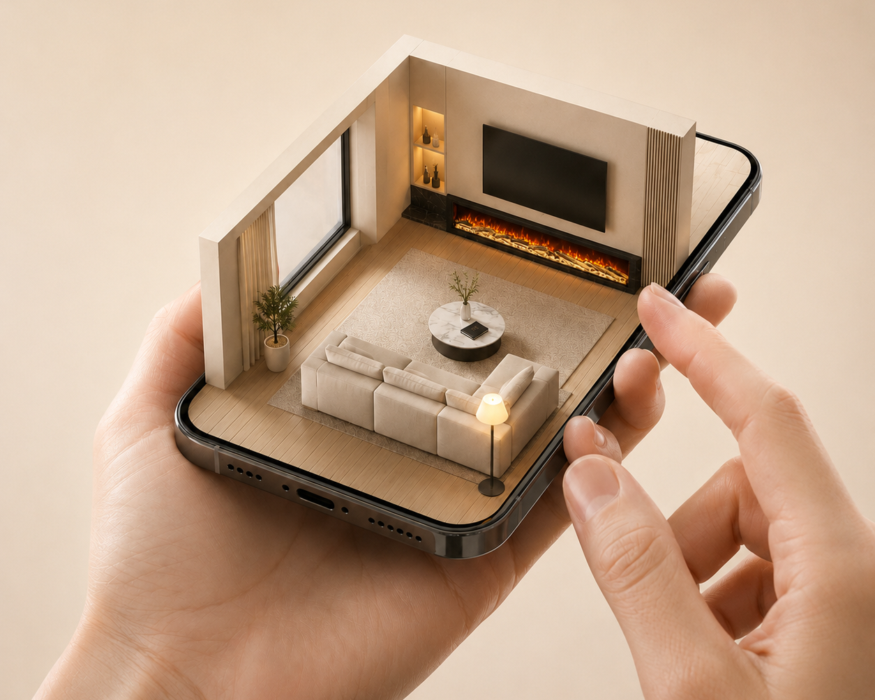 A smartphone held in two hands, displaying a miniature 3D model of a modern living room interior with a sofa, fireplace, TV, and coffee table.