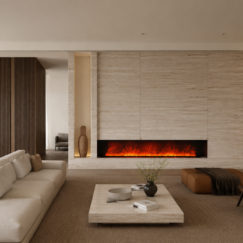 A modern living room featuring a long linear electric fireplace mounted on a light beige textured stone wall. The room is styled with a cream sectional sofa, a low wooden coffee table, two mid-century modern wooden armchairs, and a dark brown slatted accent wall on the left.
