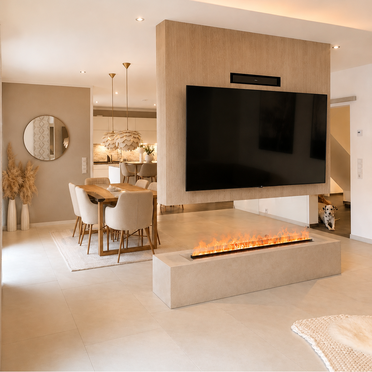 Modern fireplace wall in a contemporary living room, featuring a long rectangular concrete hearth with an orange wood-burning fire, a large black flat-screen TV mounted above it, and a light wood accent wall behind. The room has light beige floors and walls, with a dining area visible in the background.