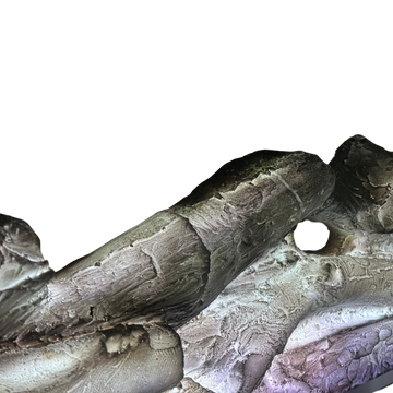 A close-up of a textured stone or rock formation with layered gray, brown, and subtle purple tones against a solid white background.