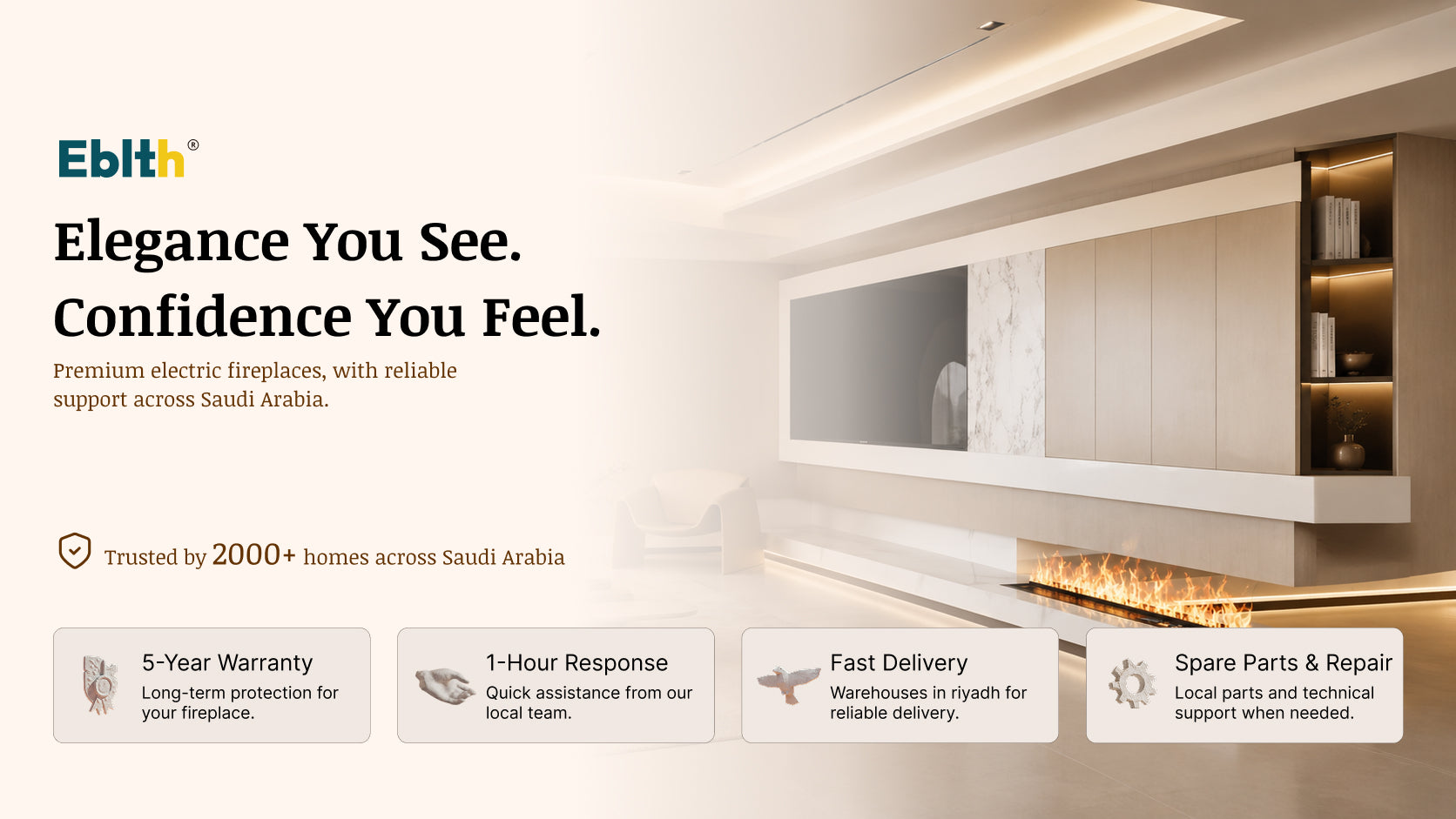 Promotional banner for premium electric fireplaces, featuring a modern interior design with a fireplace installation and text highlighting trust, warranty, response time, and spare parts support.