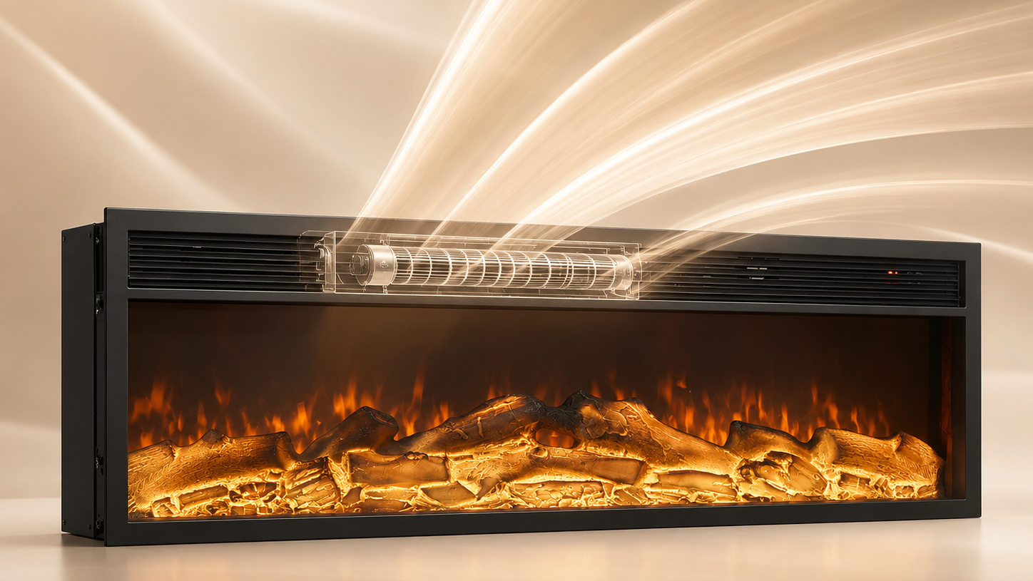 A modern linear electric fireplace with a black frame and glowing faux logs inside, shown against a warm beige background with stylized light streaks.