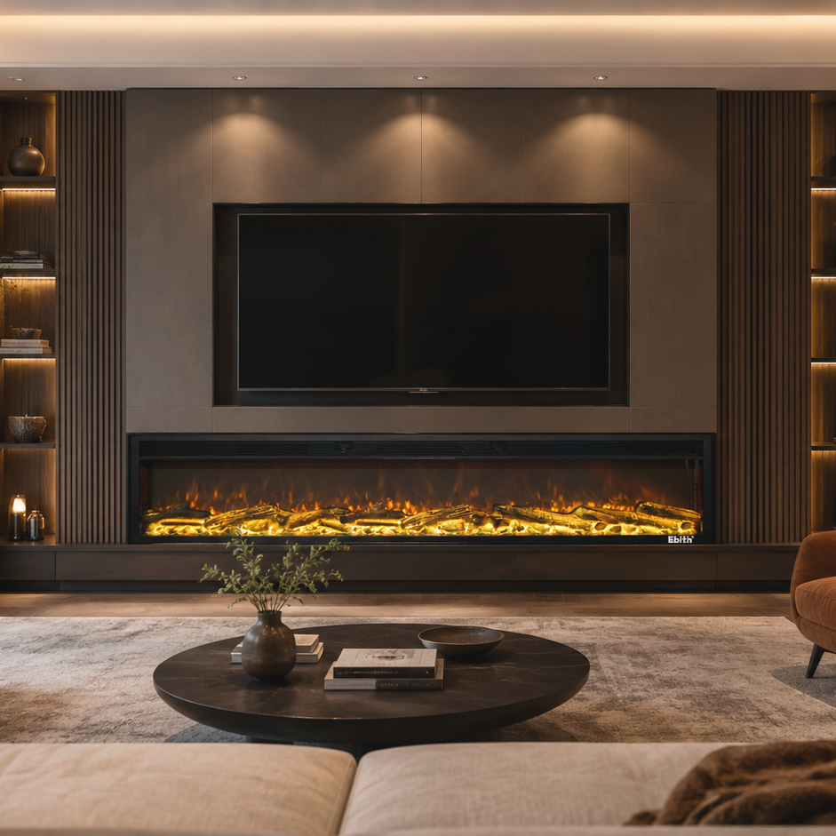 A modern living room featuring a long linear electric fireplace with glowing yellow-orange flames set into a dark wood-paneled wall beneath a large black TV. The room is styled with a beige sofa, a round dark coffee table, a brown accent chair, and built-in shelving with warm lighting.