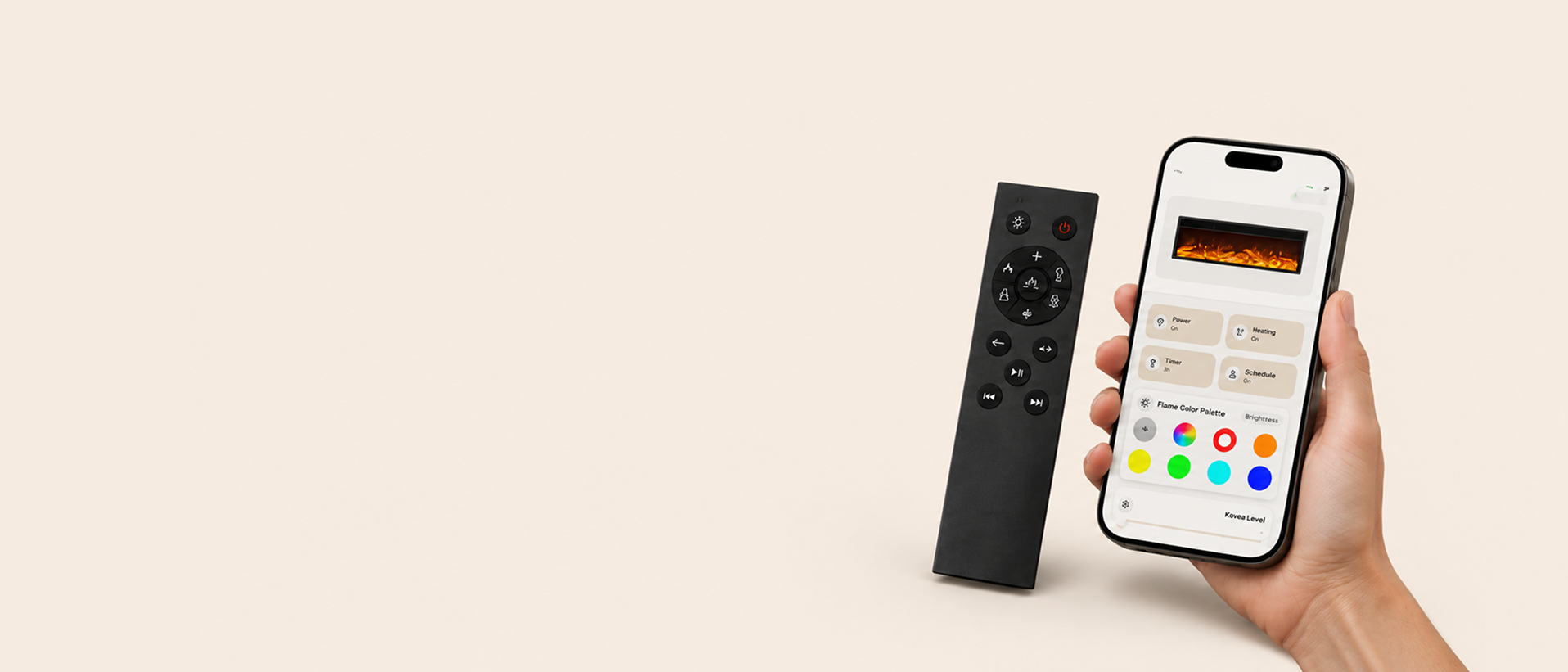 Smart app and remote control for Eblth water vapor fireplace, allowing easy adjustment of flame color, flame height, brightness and timer settings.