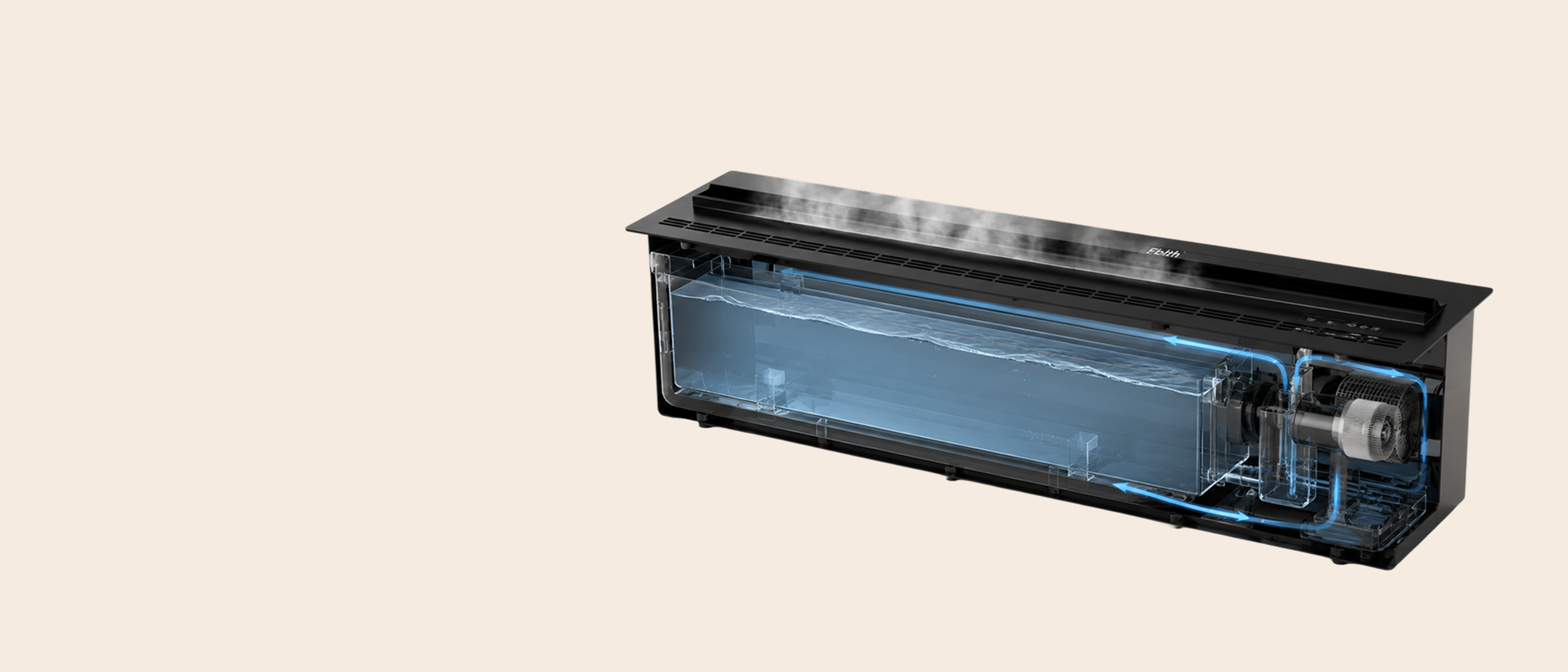 Large-capacity water tank for Eblth water vapor fireplace, providing 7 to 8 hours of continuous operation after a full refill.